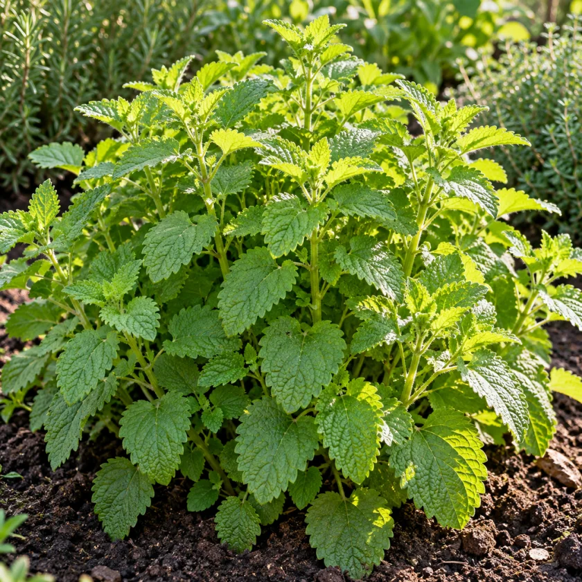 Lemon balm, Melissa officinalis, in a herb garden