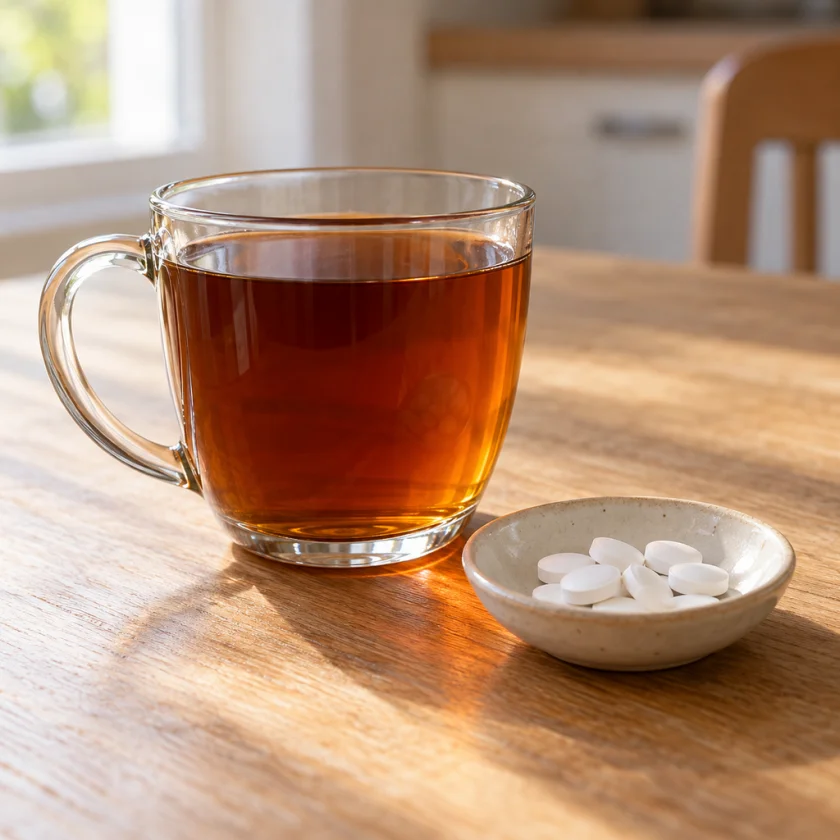 Motherwort tea beside heart medication tablets
