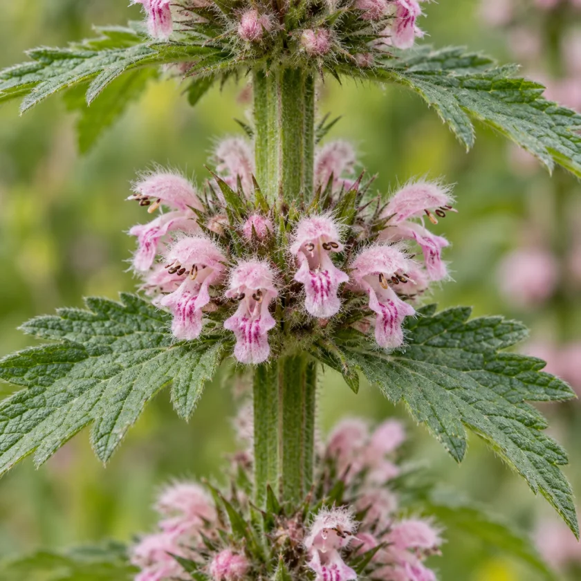 Rings of small pink motherwort flowers