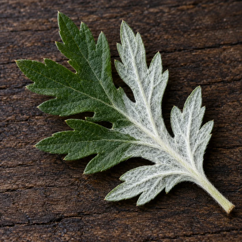 Mugwort leaf, dark green above and silvery below