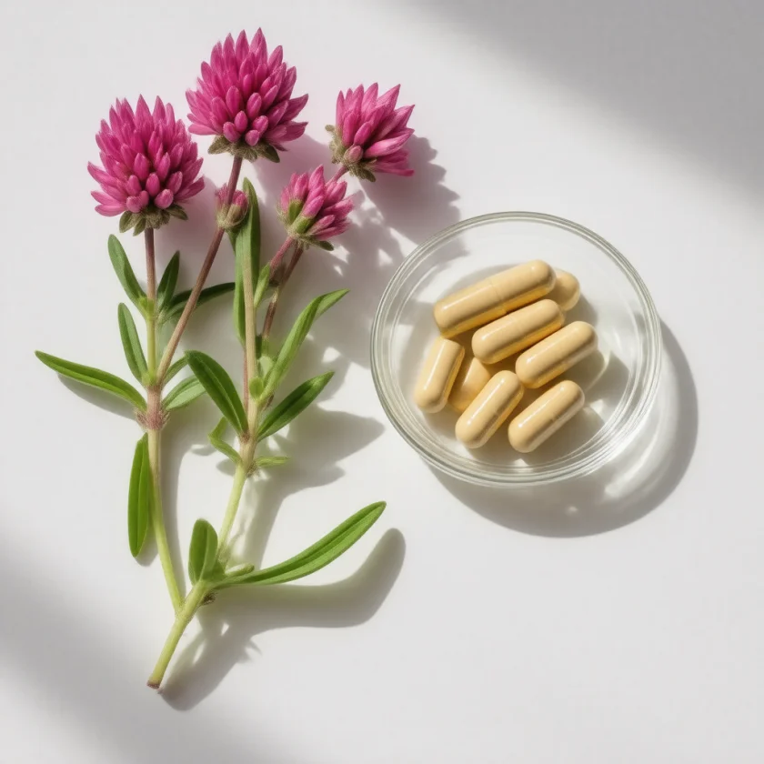 Red clover extract capsules beside the fresh flowers