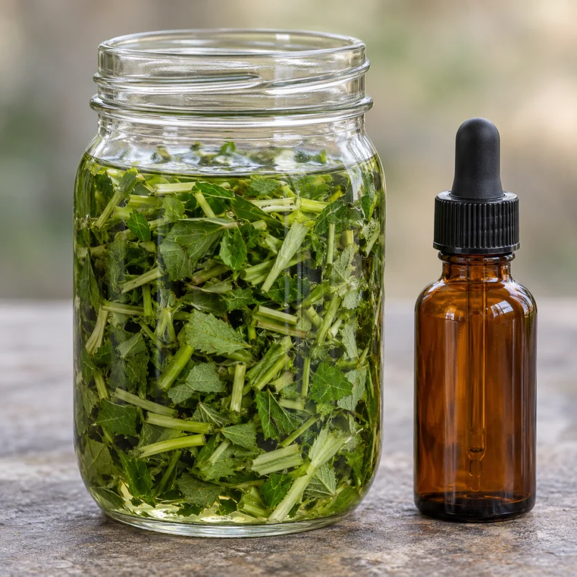 Fresh skullcap herb being made into a tincture