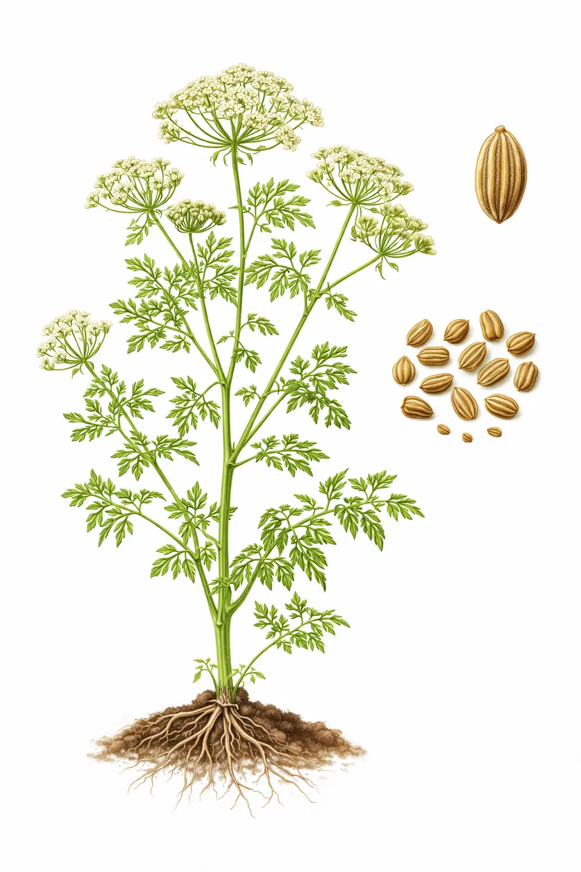 Botanical illustration of Trachyspermum ammi (ajwain) showing the full plant with roots, feathery leaves, white umbel flower clusters, and ridged seeds