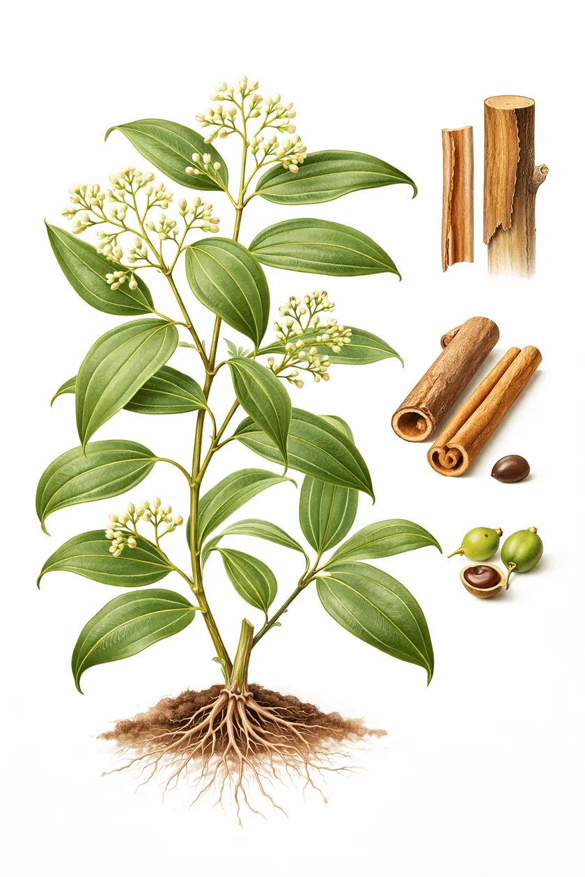 Botanical illustration of Cinnamomum verum (cinnamon) showing the plant with glossy leaves, flower clusters, bark strips, rolled cinnamon quills, and fruit