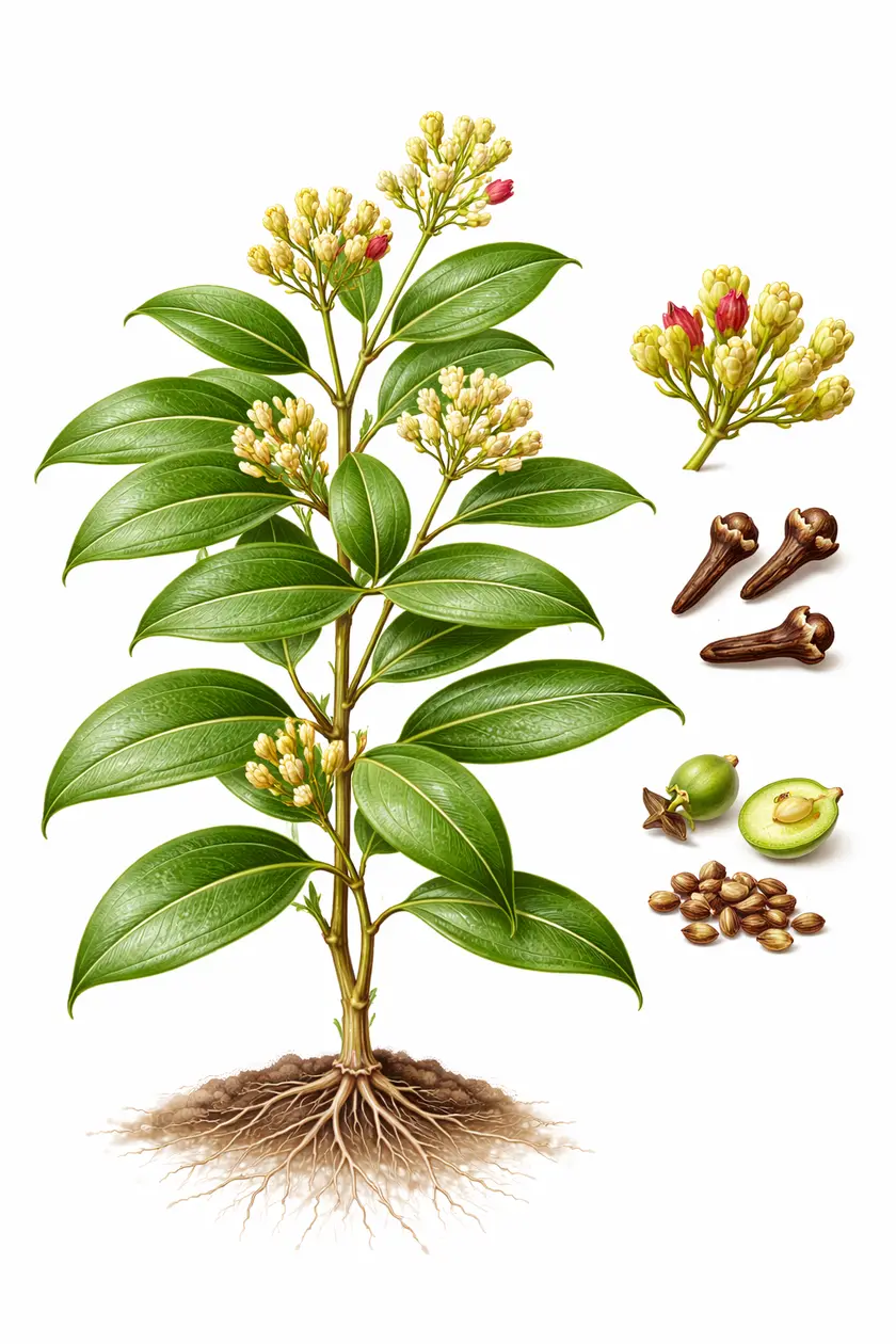 Botanical illustration of Syzygium aromaticum (clove) showing the plant with glossy leaves, flower buds, dried cloves, fruit, and seeds