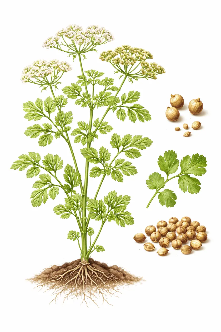Botanical illustration of Coriandrum sativum (coriander) showing the full plant with roots, lobed leaves, white umbel flowers, and round dried seeds