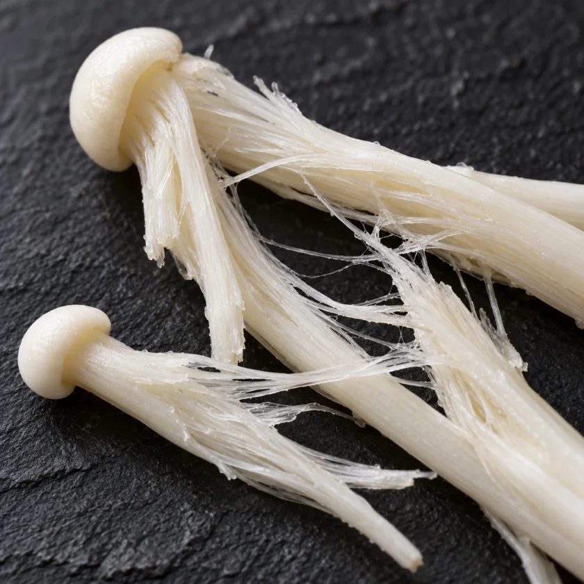Enoki stems, their springy fibre visible