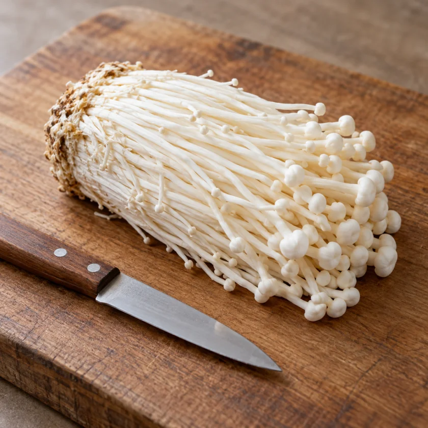 Cultivated enoki, long white stalks and tiny caps