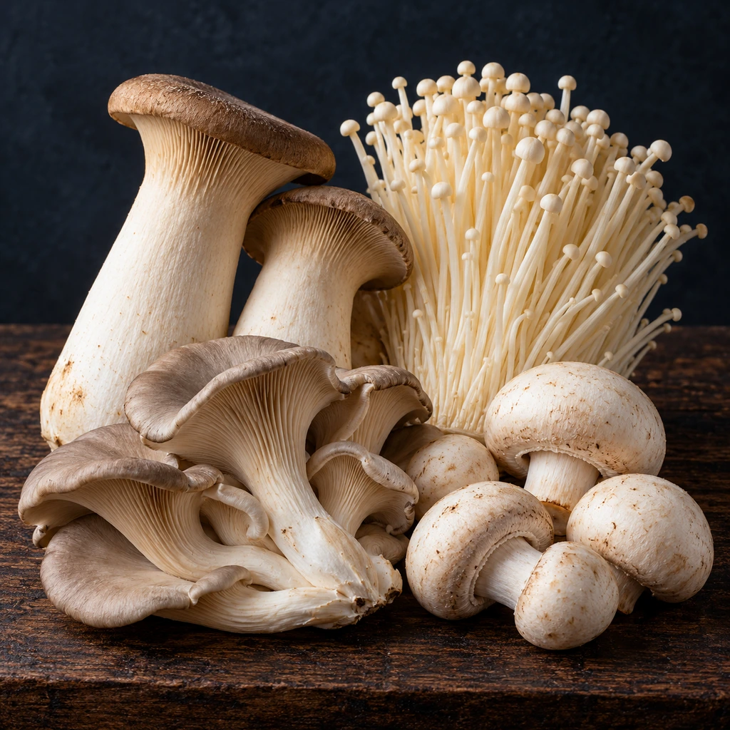 King oyster, enoki, oyster and white button mushrooms on dark wood