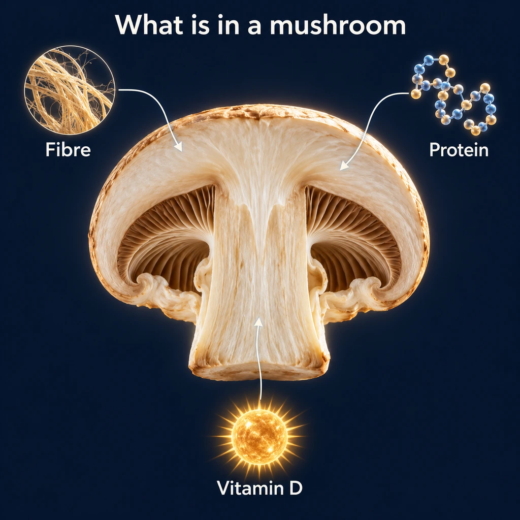 Infographic: fibre, protein and vitamin D in a mushroom