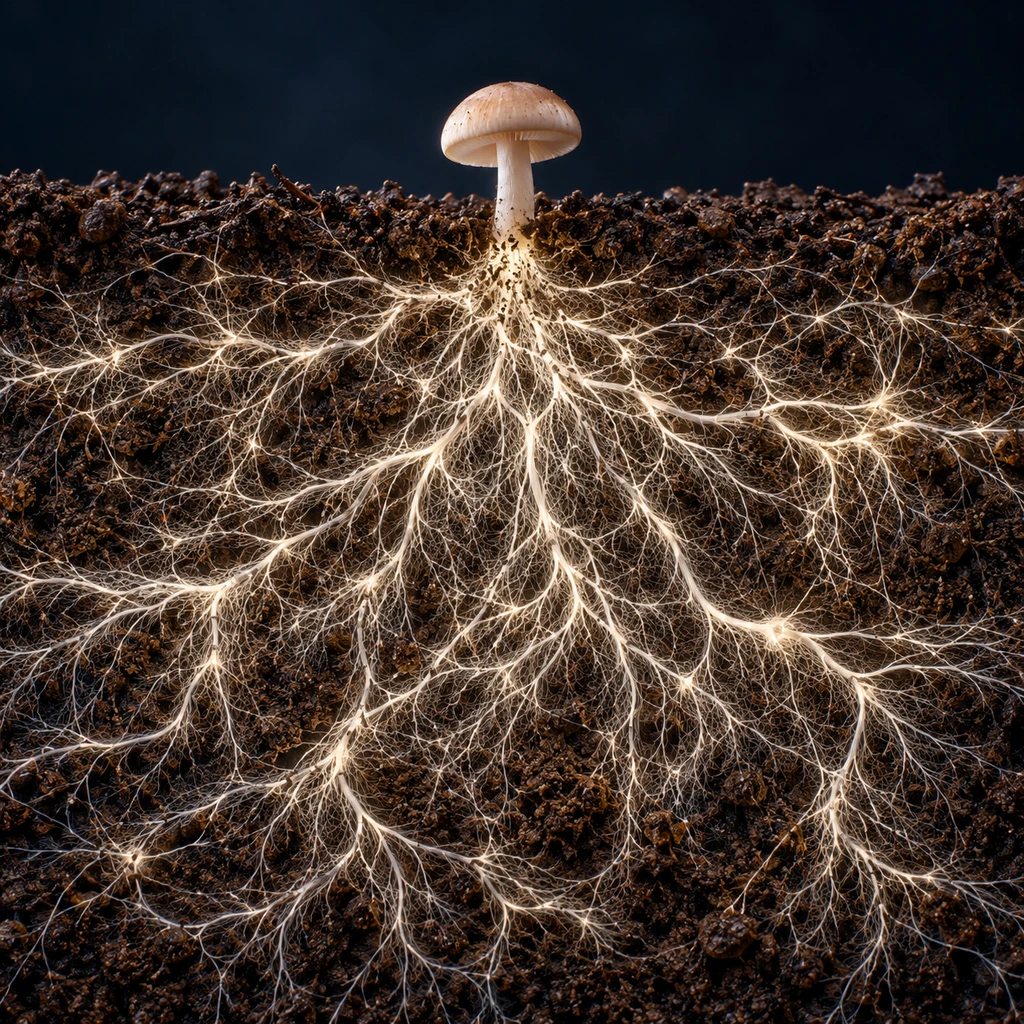 3D illustration of mycelium threads in soil