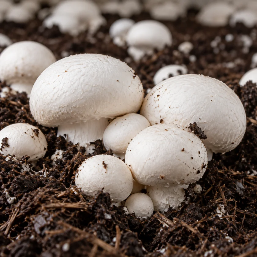 White button mushrooms growing in compost