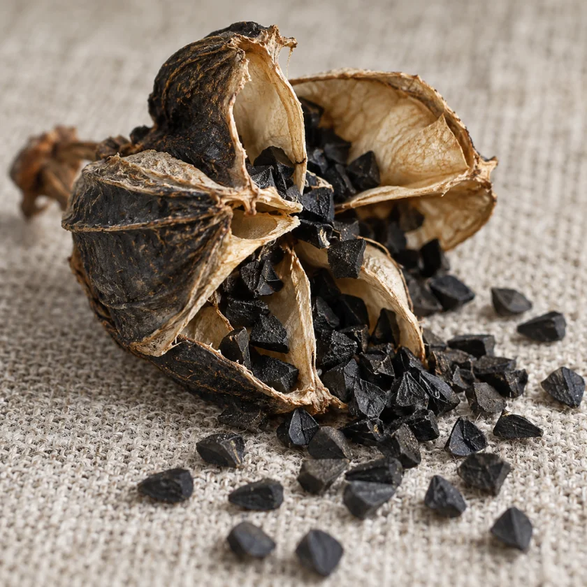 A ripe capsule spilling its black seeds