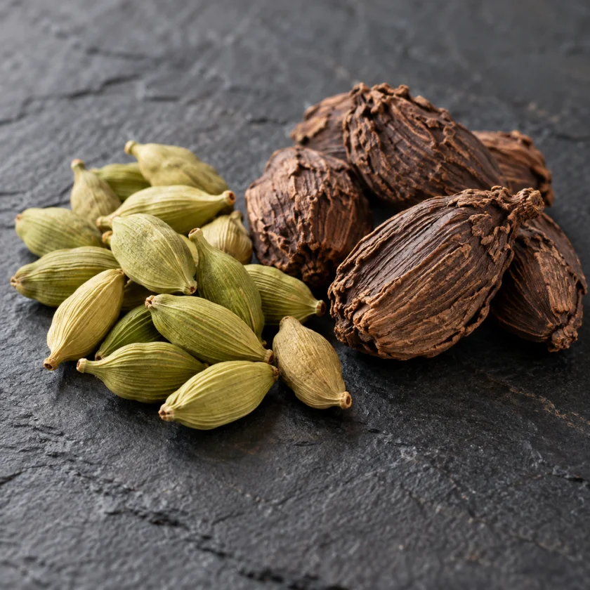 Green cardamom beside black cardamom