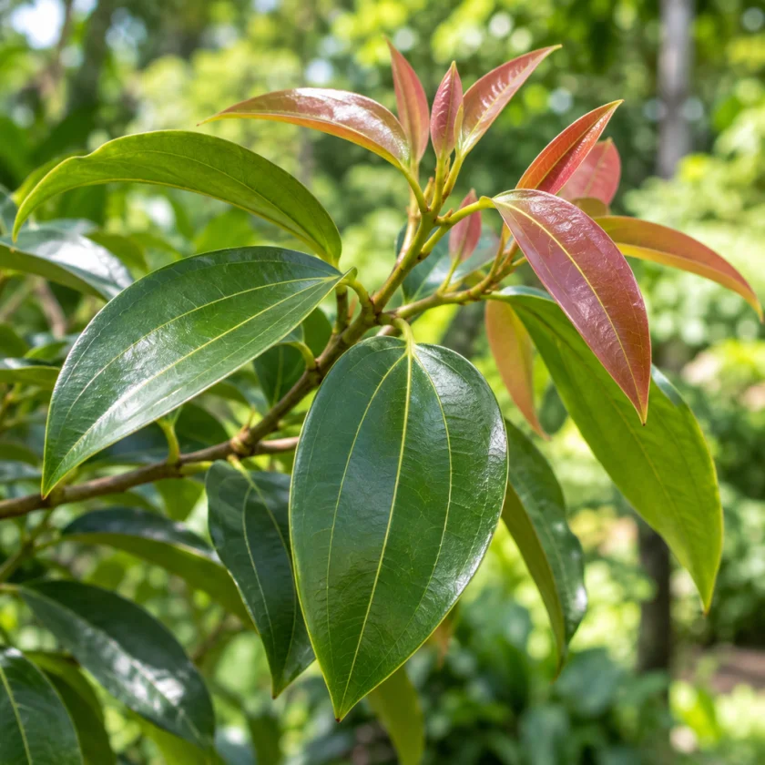 Cinnamon tree leaves and new red growth