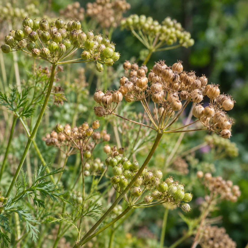Coriander seed heads ripening