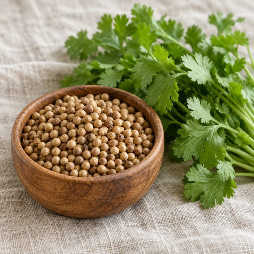Coriander seeds beside the fresh leaf, cilantro