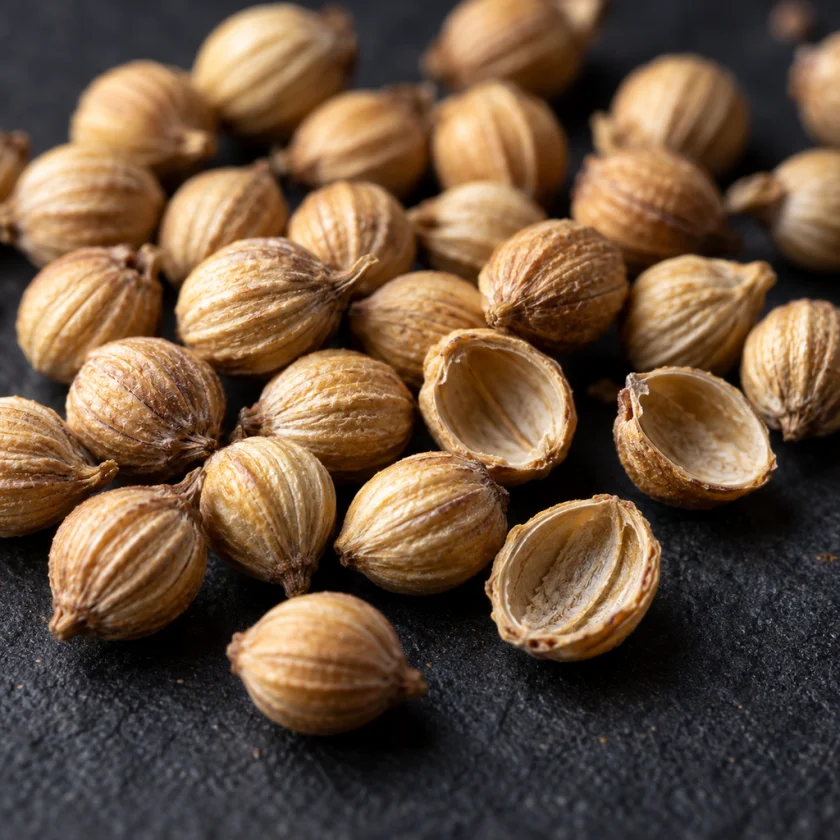 Coriander seeds, some split in half