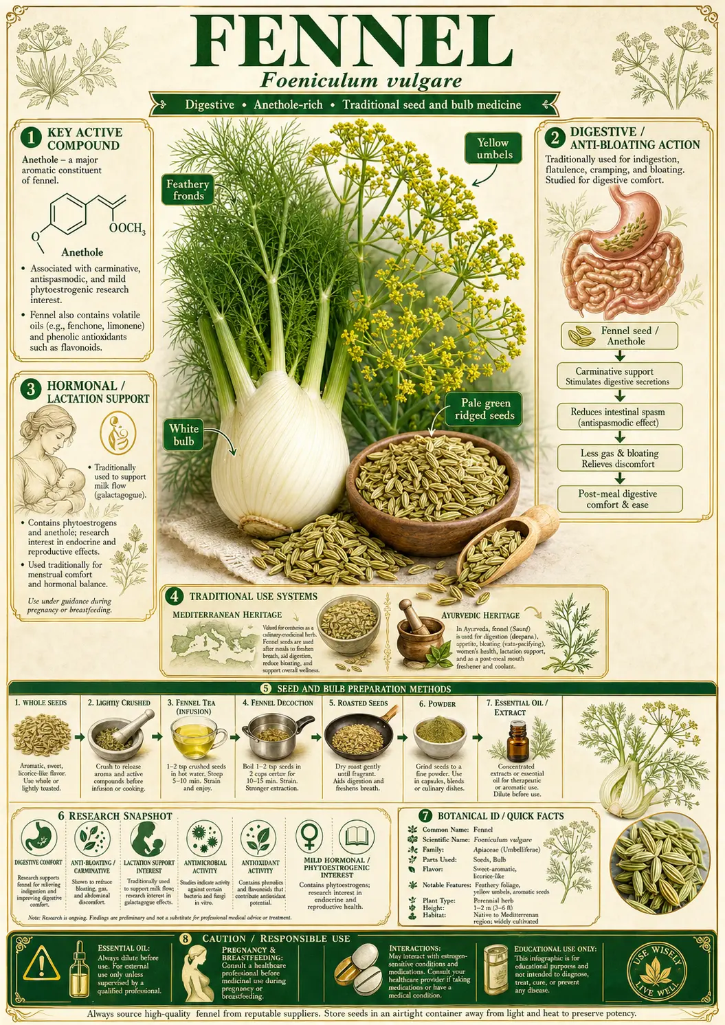 Botanical illustration of Foeniculum vulgare (fennel) showing the bulb with roots, feathery fronds, yellow umbel flowers, and seeds