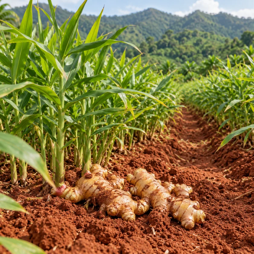 Ginger growing in a tropical field