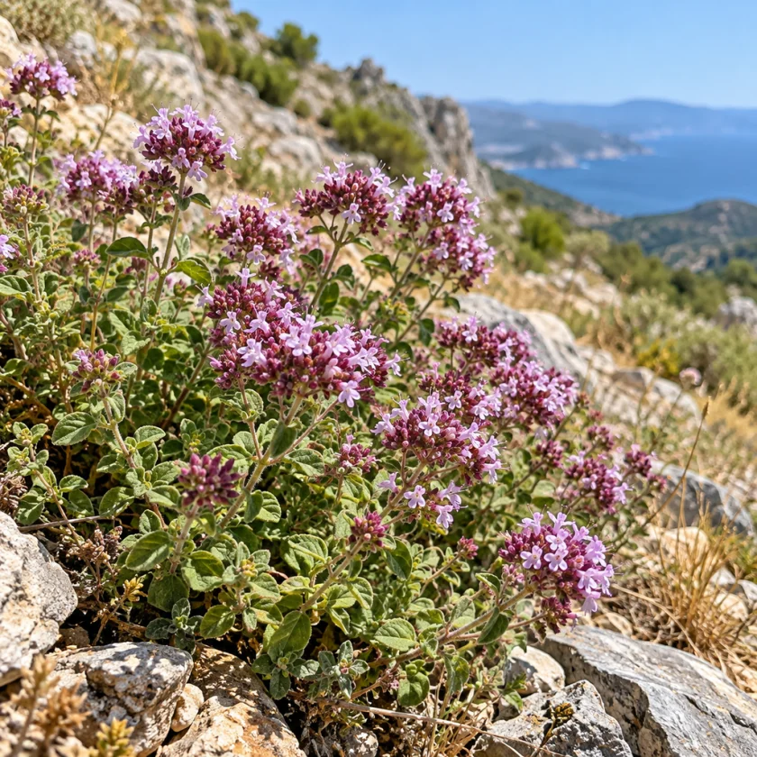 Wild oregano on a rocky hillside