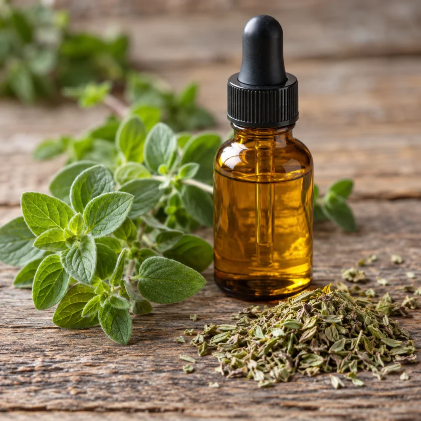 Oregano oil and leaves