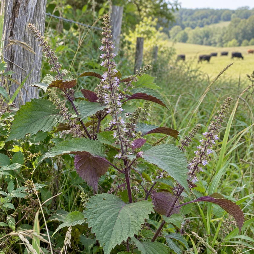 Wild perilla, the beefsteak plant, in a late-summer fencerow