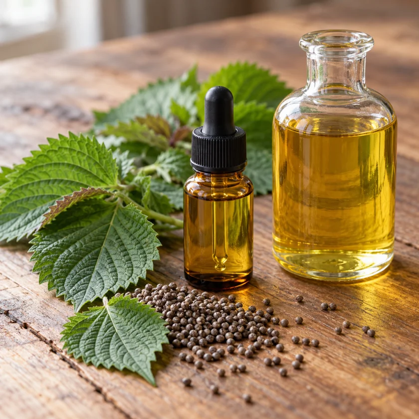 Perilla essential oil beside the pressed seed oil