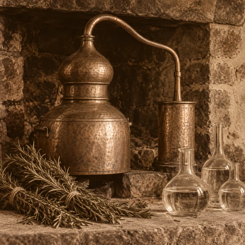 Distilling rosemary, as for the old Hungary Water