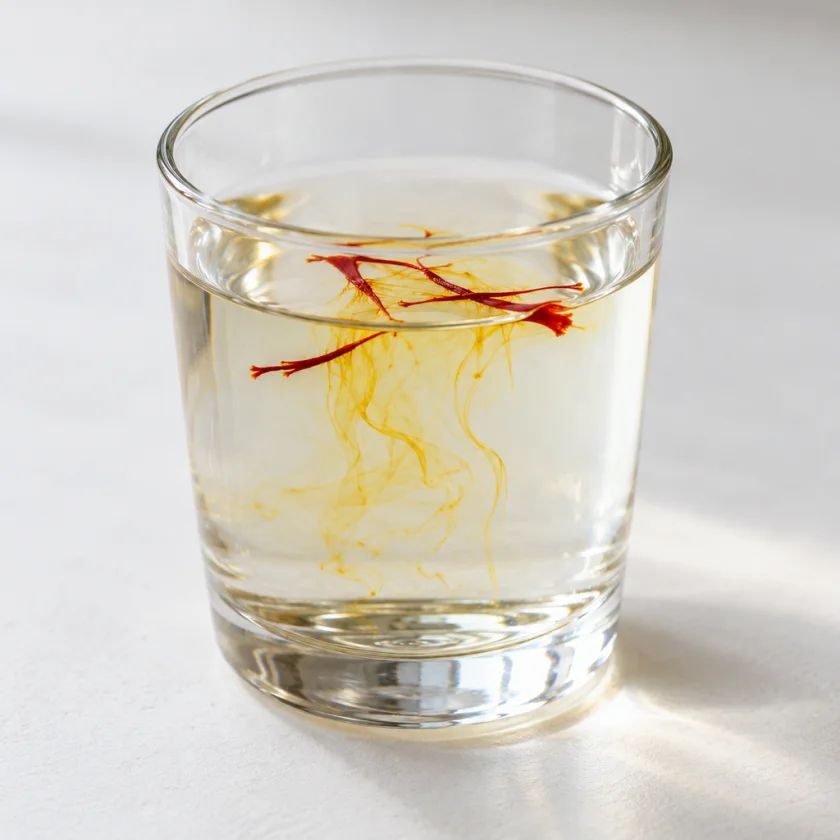 Real saffron slowly tinting water golden-yellow