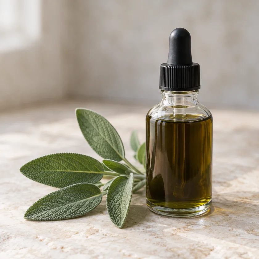 Sage tincture in a plain dropper bottle