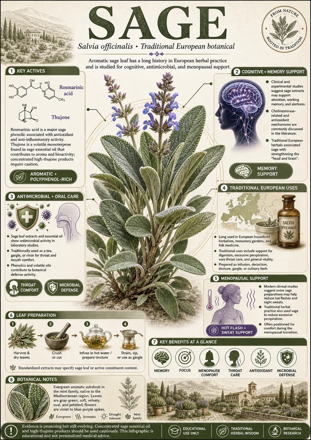 Botanical illustration of Salvia officinalis (sage) showing the full plant with roots, velvety grey-green leaves, purple-blue flower spikes, dried powder in a bowl, bundled leaves, and fresh sprigs