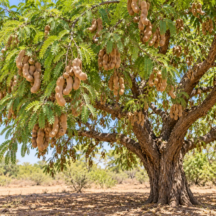 A tamarind tree laden with pods