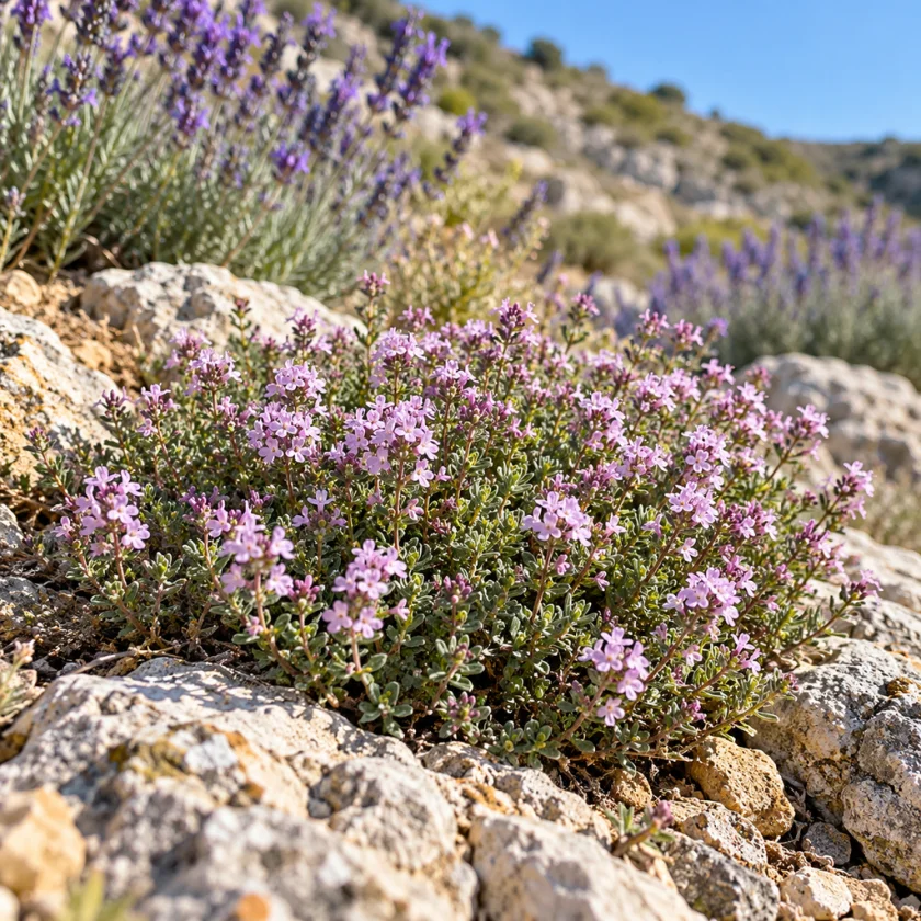 Common thyme flowering on a dry hillside