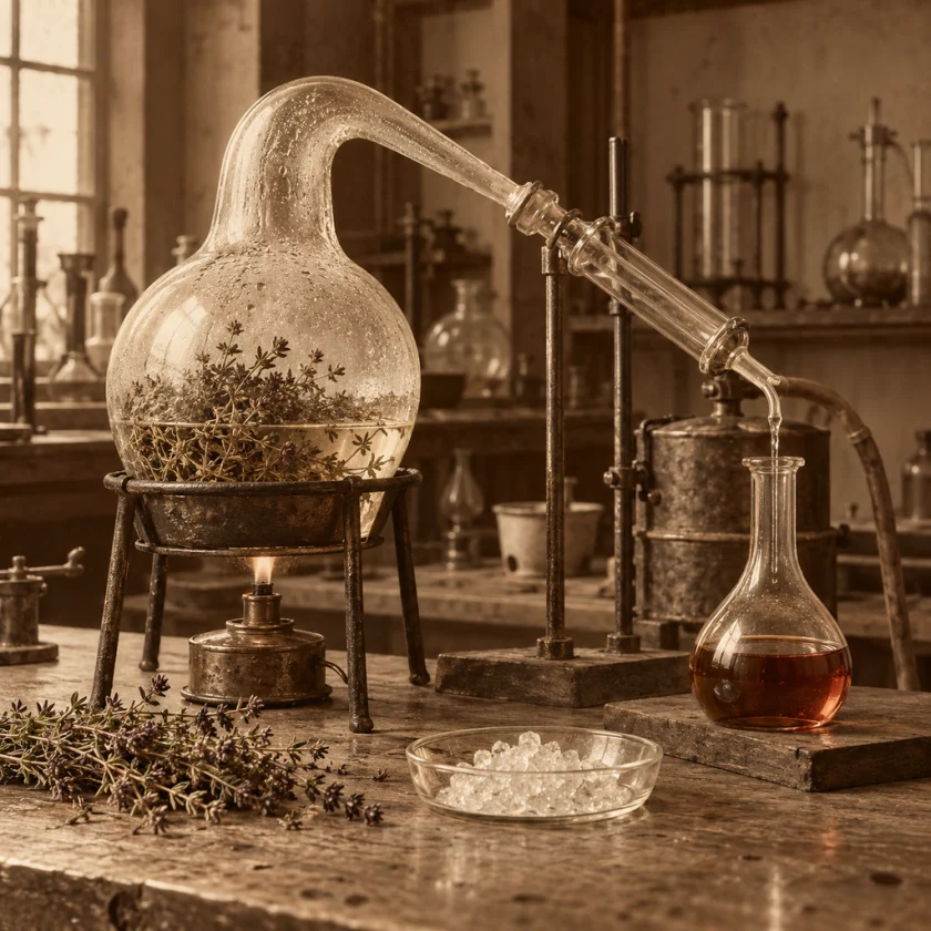 Distilling thyme oil, the source of thymol
