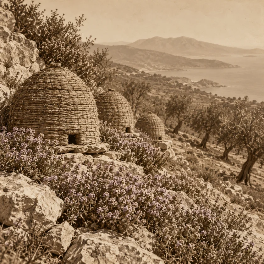 Wild thyme and beehives on a Greek hillside