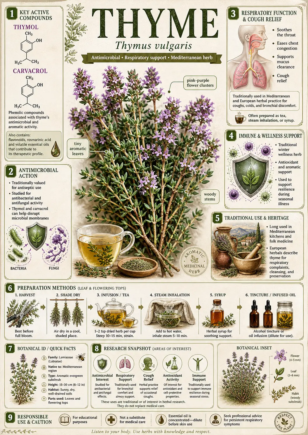 Botanical illustration of Thymus vulgaris (thyme) showing the full plant with roots, small leaves, pink flower clusters, dried herb in a bowl, bundled sprigs, and fresh cuttings
