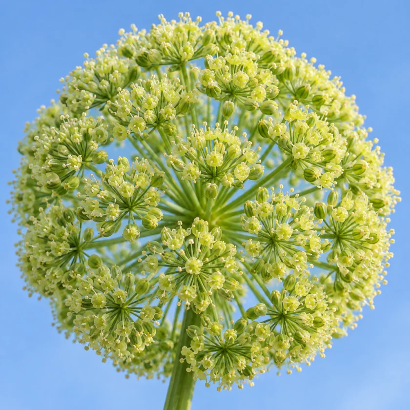 The globe-shaped flower head of Angelica archangelica