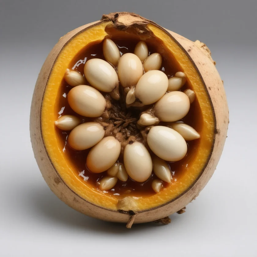 Ripe bael pulp inside its hard shell
