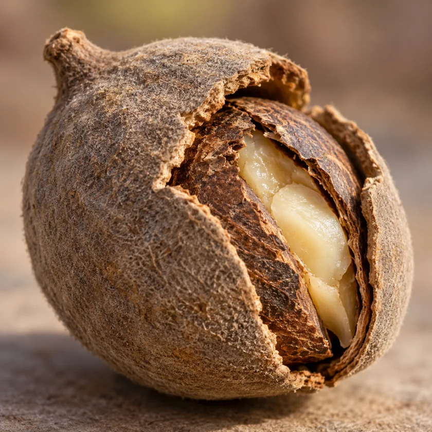 The baheda fruit split to show seed and kernel
