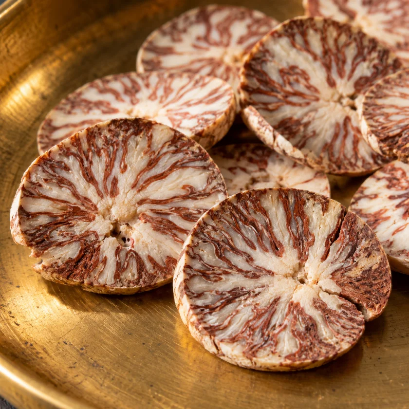 Sliced areca nut, the seed of the areca palm