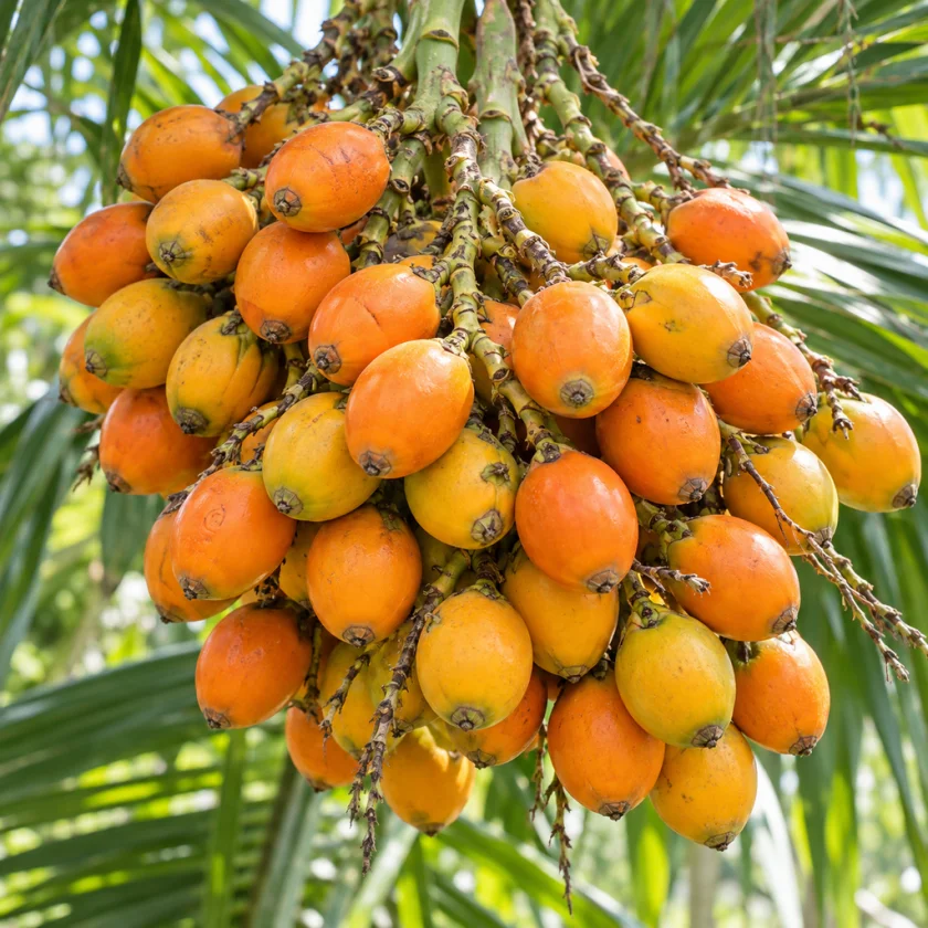 Ripe areca fruits on the palm