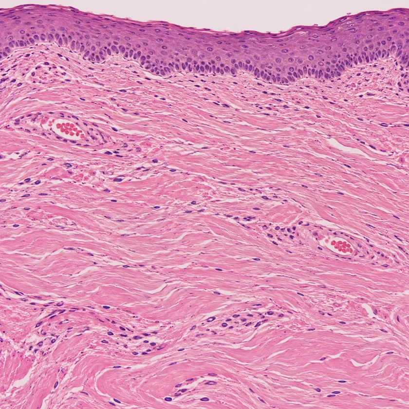 Moderate oral submucous fibrosis, thicker collagen