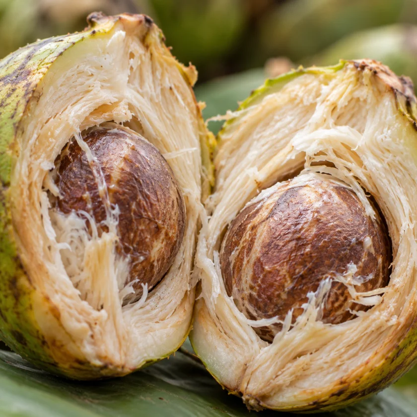 The fibrous husk and seed of a fresh areca fruit
