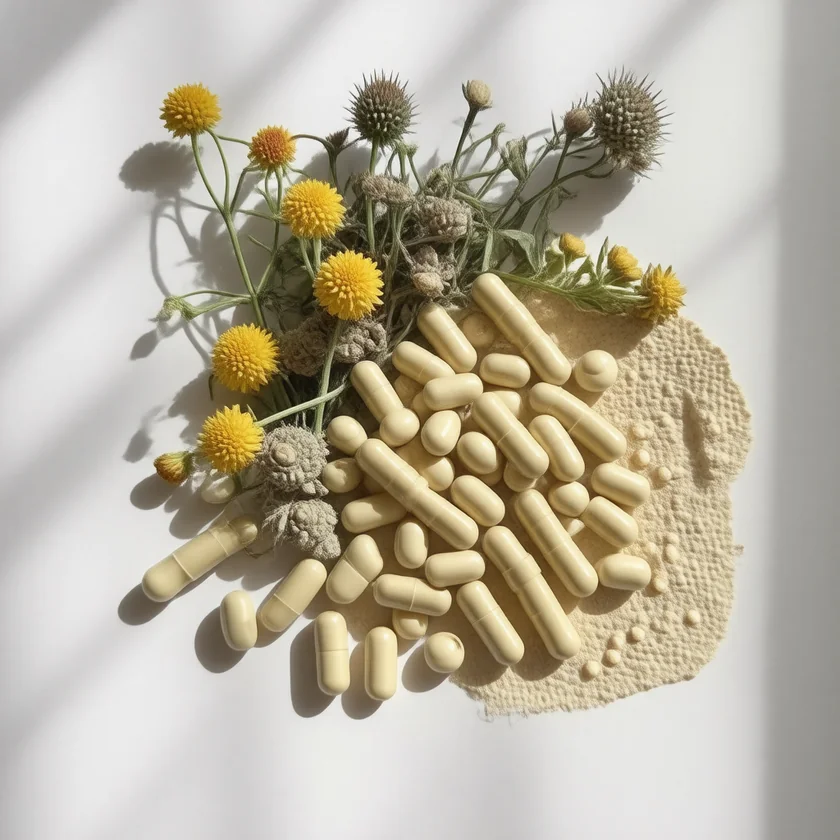 Capsules beside the dried blessed thistle herb
