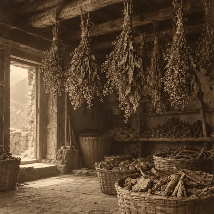 Dried chiretta bundles in an old Himalayan herb shop