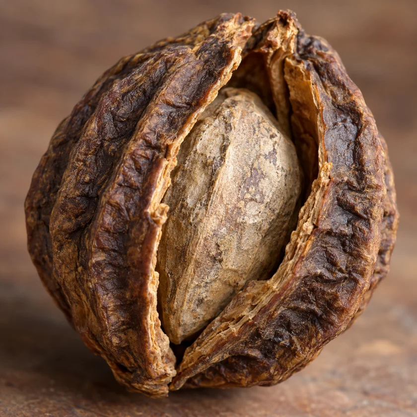A dried haritaki fruit, split to show the stone
