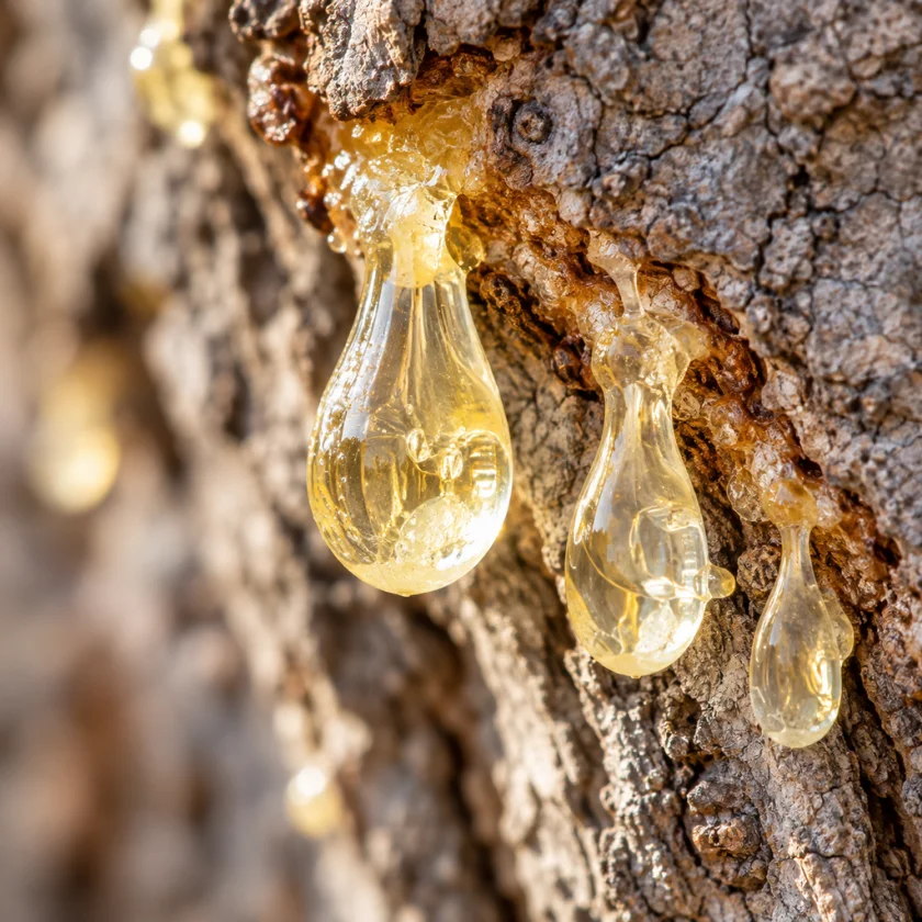 Mastic resin weeping from the scored bark