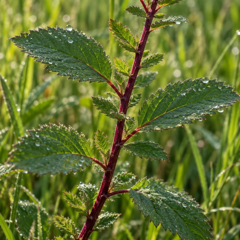 Meadowsweet's red stems and divided leaves