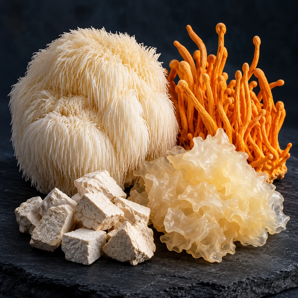 Lion's mane, cordyceps, tremella and poria on dark slate